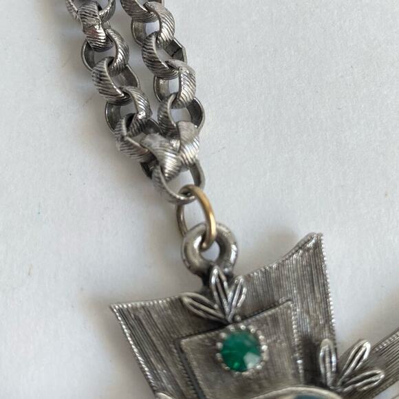 Vintage Maltese Cross Necklace Silver Tone Teal Green Stones Pendant Long 30” - Picture 7 of 10